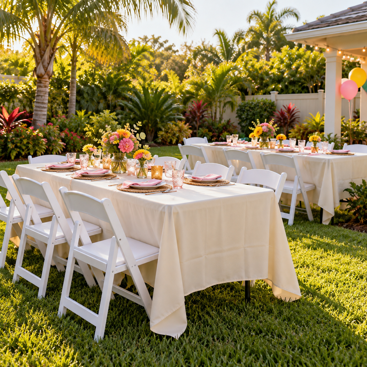 Illustrative outdoor party setup with white folding chairs and decorated banquet tables